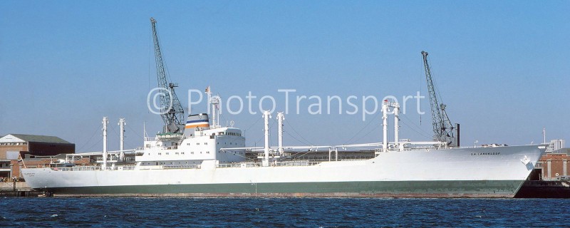 The 6,907grt S.A. Langkloof at Southampton. She was built in 1963 by Verolme at Heusden and was originally named Langkloof, becoming S.A. Langkloof in 1966. In 1977 she joined Universal Bulk Carriers Ltd. and reverted to her original name, and in 1979 she moved to Monsone Reefers as Monsone Universal. In 1982 she was sold to Southern Cross Shipping and renamed Aegean Pride. On 29th August 1984 she arrived at Chittagong to be broken up by Burhani Metal Works.