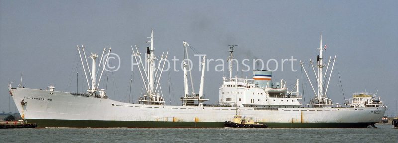 The 9,771grt S.S. Krugerland, seen here passing Gravesend, was built in 1962 by Flensburger at Flensburg as the Krugerland. In 1970 she was lengthened by 12.2 metres (40 ft) becoming S.A. Krugerland in 1974. In 1978 she was sold to Gaven Maritime Enterprises and renamed Rini and in 1982 she joined Dalia Shipping as Saria. On 28th May 1984 she arrived at Gadani Beach to be broken up by Geoffman International. PhotoTransport.com