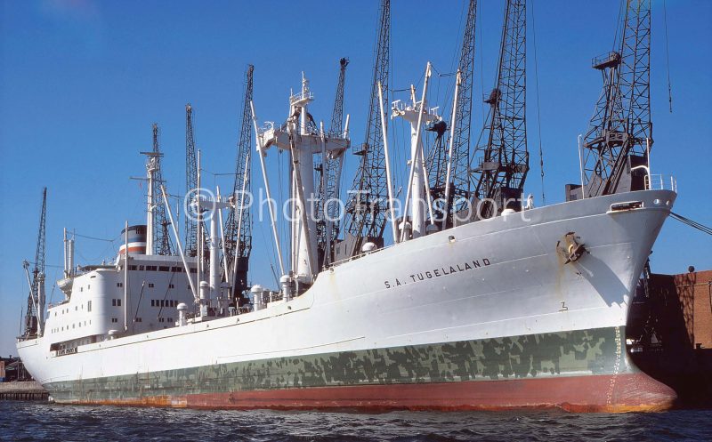 The 10,527grt S.A. Tugelaland at Southampton. She was built in 1966 by Deutsche Werft at Finkenwarder as the Tugelaland for Globus-Reederei GmbH of Hamburg. In 1972 she briefly sailed as Concordia Land and in 1974 she became S.A. Tugelaland of Safmarine. In 1978 she was sold to China Ocean Shipping as Lu Cheng and in 1993 she was renamed Dong Ru after moving to Shanghai Dong Ping Shipping. She was deleted from the register in 2011. PhotoTransport.com