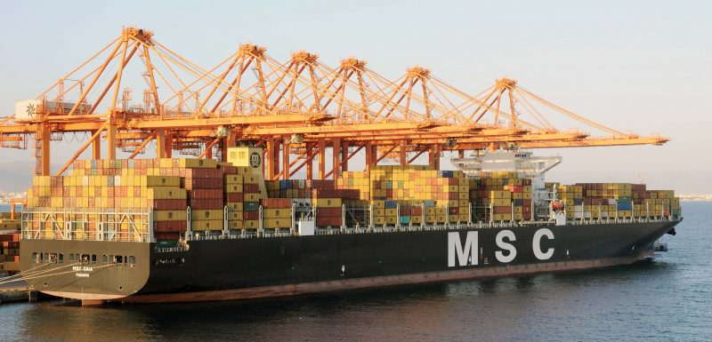 The 151,559gt MSC Gaia, seen here at Salalah, was built in 2010 by Samsung at Koje. She is 349.5 metres long (1,147 ft) and can carry 14,000 TEU.