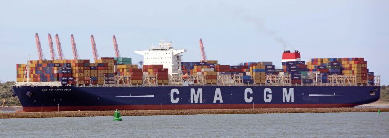 The 175,343gt CMA CGM Marco Polo, seen here arriving at Rotterdam, was built in 2012 by Daewoo at Okpo. She is 396 metres long (1,299ft) and can carry 16,020 TEU. 