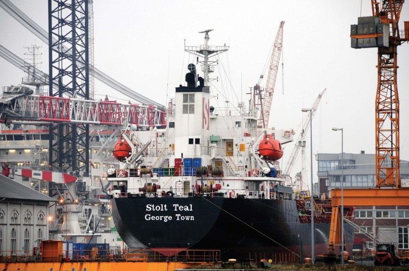 The 8,587dwt tanker Stolt Teal in dry dock.