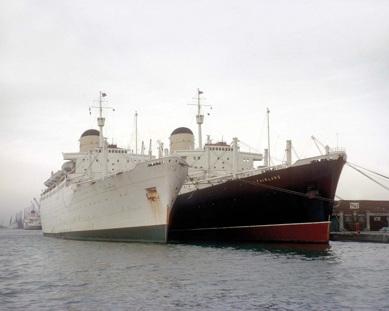 Two of Cunard’s famous Saxonia sisters, the Sylvania and the Carinthia just after their sale to Sitmar in 1968. They had both been built by John Brown at Clydebank in 1957 and 1956 respectively. The Sylvania, on the left, was renamed Fairwind, later to become Sitmar Fairwind. In 1988 she became Dawn Princess of Princess Cruises and in 1993 she joined Phoenix Seereisen as Albatros. She was renamed Genoa for her final voyage to Alang where she arrived on 4th January 2004. The Carinthia was renamed Fairland and in 1971, Fairsea. In 1988 she became Fair Princess of Princess Cruises and in 2000 she joined China Sea Cruises as China Sea Discovery. She was renamed Sea Discovery for her final voyage to Alang where she arrived on 18th November 2005.