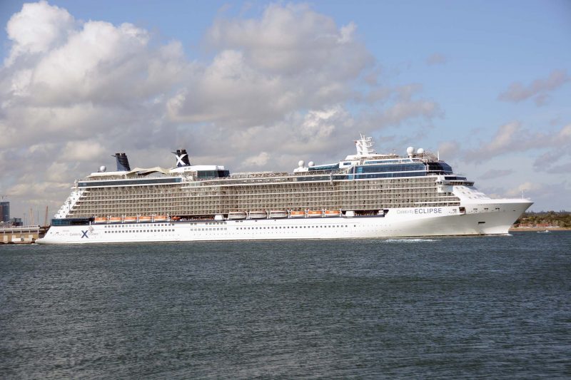 The type of passenger ship using the port today. The 121,878gt Celebrity Eclipse of Celebrity Cruises leaving Southampton in August 2014. She was built in 2010 by Meyer Werft at Papenburg.