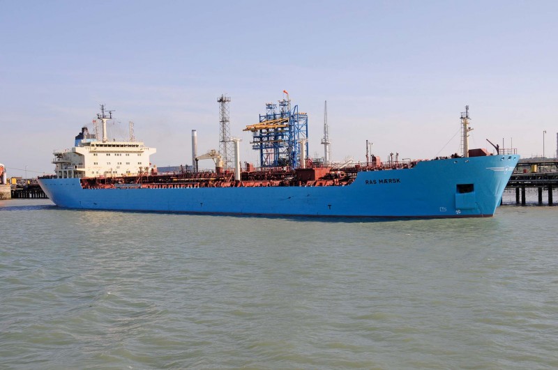 The 34,999dwt tanker Ras Maersk of A. P. Moller at the Fawley Oil Terminal in May 2013. She was built in 2003 by Guangzhou International in China.