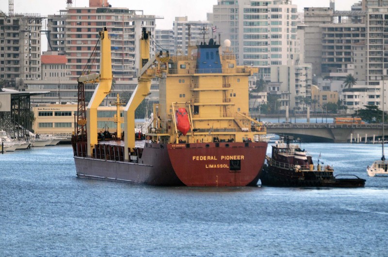 The 12,993gt Federal Pioneer of Aspire Navigation at San Juan in February 2009. She was built in 1999 by the Jingjiang Shipyard as Atlantic Pioneer. Various charters saw her sail as Seaboard Pioneer (2001), Federal Pioneer (2007), and CCNI Tumbes (2011) before reverting to Atlantic Pioneer in 2013.