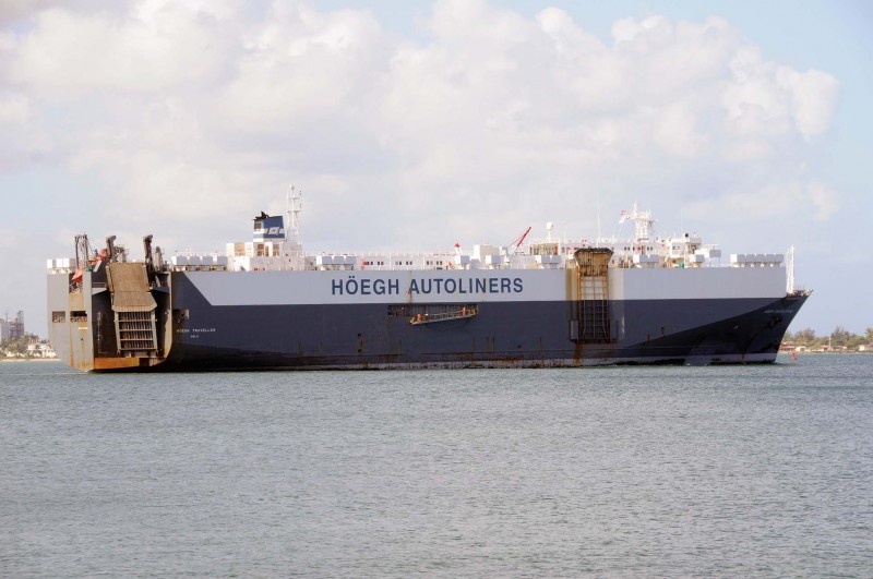 The 35,022gt Hoegh Traveller leaving San Juan. She was built in 1983 by Kanasashi at Toyohashi as the Hual Traveller, being renamed in 2005. On 21st February 2013 she arrived in China to be broken up.