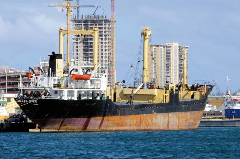 The 2,798gt Megan Star of Cristobal Ship Co. at San Juan. She was built in 1981 by Imai Seisakusho at Iwagi as Lotus King and has since sailed as Ichiban (1983), Pearl King (1984), La Bonita (1990), Lewbro (2002), and Merak Star (2007) before becoming Megan Star in 2011.