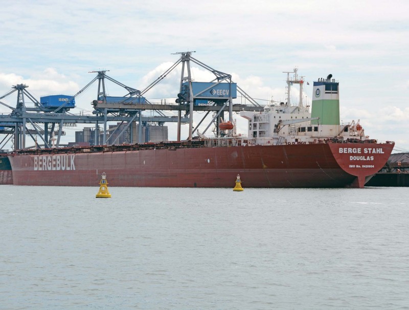 The massive 364,767dwt ore carrier Berge Stahl of Berge Bulk Maritime at Rotterdam. She was built in 1986 by Hyundai at Ulsan.