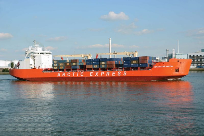 The 17,031gt ice-breaking container ship Norilskiy Nickel of Norilsk Nickel-Murmansk leaving Rotterdam. She was built in 2006 by Aker at Warnemunde. She goes backwards through ice.