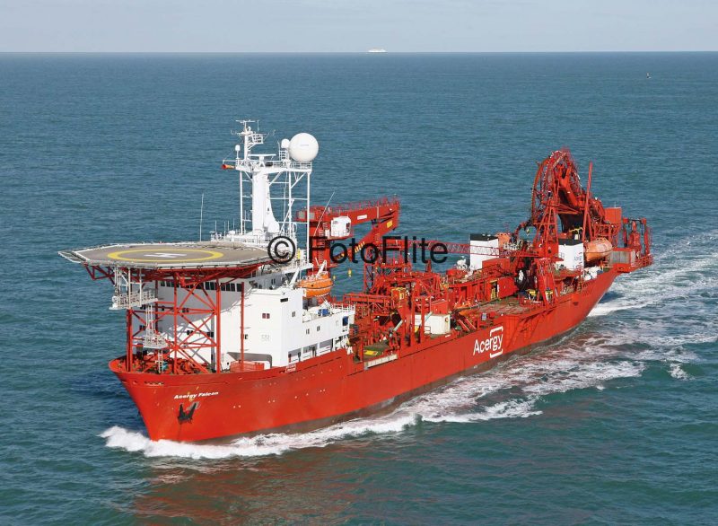 The 10,372grt Acergy Falcon was built in 1976 by IHC Gusto at Schiedam as the drilling ship Petrel. In 1993 she was converted into a pipe layer. She is currently owned by GSP as Falcon. Photo: Fotoflite