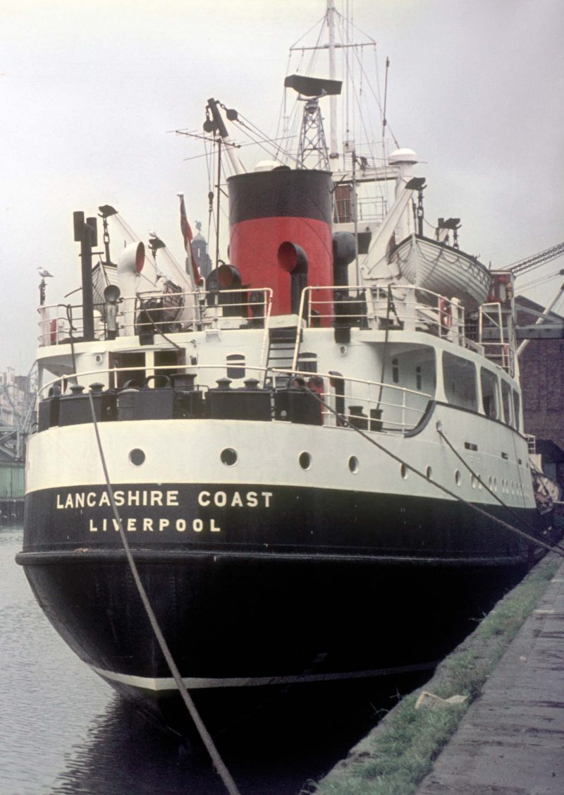 The 1,283grt Lancashire Coast was built in 1954 by Charles Hill at Bristol. In 1968 she was chartered to Prince Line for a year as Trojan Prince and on return to Coast Lines, she was converted into a livestock carrier. In 1980 she was sold to The United West Desert for Development de Honduras and renamed Paolino. She was broken up by the Marine Construction of Salamis in March 1984.