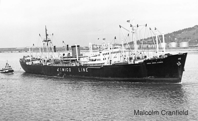 The 6,302grt Anna Maria D’Amico was built in 1948 by Nederlandsche Shipbuilding at Amsterdam as Hoegh Silverstream for Leif Hoegh. She joined D’Amico in 1965. On 7th February 1975 she suffered a serious fire at Cartagena and on 1st July she arrived at San Esteban de Pravia to be broken up by B. Sanchez Riesgo. She is photographed here at Barcelona in 1968.