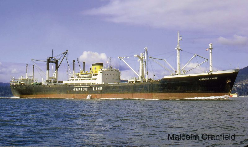The 6,645grt Massimino D’Amico was built in 1948 by Riuniti Adriatico at Monfalcone as the Fernfield for Fernley & Eger. She joined D’Amico in 1967. On 6th June 1980 she arrived at Kaohsiung to be broken up by Lung Ching Steel Enterprises.