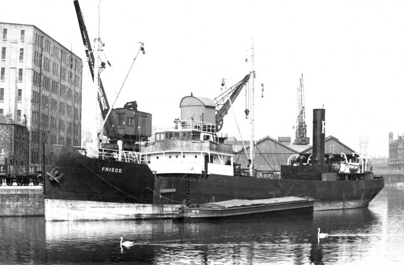The 870grt Frisco was built in 1927 by Porgrunds MV. In 1936 she was sold to Toft SS Co. of Middlesbrough and renamed Moortoft. On 3rd December 1939 she sailed from Goole to Calais with a cargo of pitch and was lost without trace.