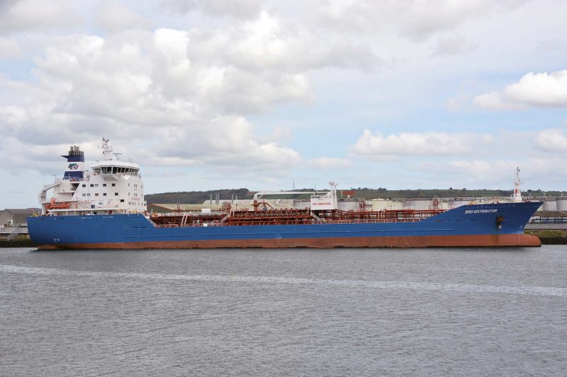 The 14,907dwt tanker Bro Distributor of Brostrom Tankers at the Oil Terminal. She was built in 2006 by Jinling Shipyard at Nanjing.